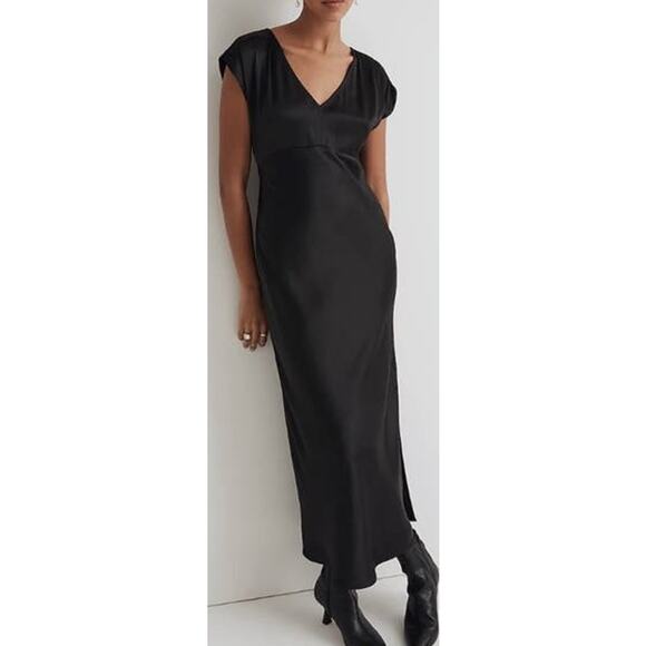 Madewell Belinda Wide V Neck Satin Chic Midi Side Slit Dress US Women's 2 New - Picture 1 of 10